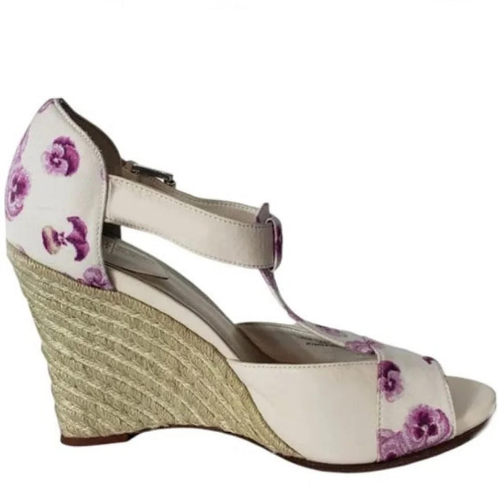 COLE HAAN Air Zoe White Leather Pansy Fabric Print Wedge